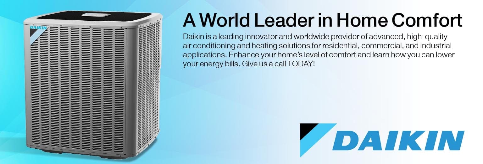 Hawley is a Daikin dealer and provides install and repair services for Daikin units. Pictured, Daikin unit and logo